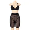 ANJAMANOR Sexy Deux Pièces Ensemble Noir Sheer Mesh Taille Haute Biker Shorts Haut De Bikini Vêtements D'été Pour Femmes Club Tenues D85-CZ11 Y0702