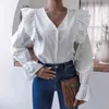 Herbstweiße Vintage-Hemdblusen für Damen, Bluse mit V-Glockenärmeln, Rüschen, lässige weiße Oberteile, Damenbekleidung 210508