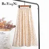 Mode Pläterade Midi Kjolar Kvinnor Vintage Blommor Tryckt Koreansk Chiffon Beach Boho Skirt High Waist Faldas 210506