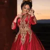 Red Muslim A Line Wedding Dresses High Collar Full Sleeve Gold Appliques Arabic Dubai Bridal Gown Ruched Sweep Train Vestido De Novia