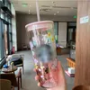 Słodkie kreskówki niedźwiedź słomy szklane kubki z plastikową pokrywą wiśni okwitnięcie filiżanki ochrony środowiska izolowane szkła kubek