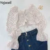 Yojoceli Boho Beach Print Blouses Shird Lengeve Ruffle Short Blouse Tops女性Blusas 210326