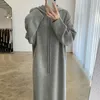 Nomikuma Causal Solid Hooded Knitted Dresses Korean Long Sleeve Straight Vestidos Femme Autumn Winter Sweater Dress 6D329 210427