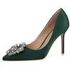 Dress Shoes Woman 10cm High Heels Rhinestone Green Pink Silk Crystal Pumps Lady Satin Scarpin Wedding Bridal Elegant Plus Size