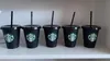 Starbucks Mug 24oz/710ml Plastic Tumbler Reusable Black Drinking Flat Bottom Cup Pillar Shape Lid Straw 100PCS shipped by DHL