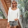 Vrouwen T-shirts Herfst Sexy V-hals Off Schouder Lange Mouwen Effen Kleur Tshirts Vrouwelijke Toevallige Losse Basic Tee Shirt Vestidos 210526