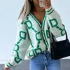 Cardigan For Women Green Striped Pink Knit Button Lady Cardigans Sweaters V-neck Loose Casual Winter Knitted Coat Fashion 211109