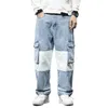 Moda Streetwear Mężczyźni Luźne Fit Dżinsy Patchwork Łączony Designer DENIM CARGO Spodnie Duże Kieszeniowe Spodnie Nogi Hip Hop Joggers