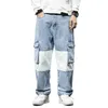 Mode Streetwear Heren Losse Fit Jeans Patchwork Spliced ​​Designer Denim Cargo Broek Big Pocket Wide Leg Broek Hip Hop Joggers