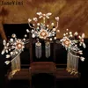 JaneVini Pageant Catwalk Women Hairbands Luxury Gold Dragonfly Pearls Bridal Hair Sticks Pins Chinese Style Tassel Earrings Set Clips & Barr