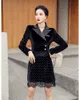 Fashion Women Two Piece Set Dot Velvet Long Sleeve Black Jacket + High Waist Lace Patchwork Mini Skirt Suit 210519