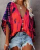 Blouses Femmes Chemises Printemps Été Plus Taille Tie-Dye Imprimer Blouse 2021 Femme Casual Manches Chauve-Souris Top Dames Col En V Bouton Avant Vêtements Sexy