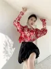 Pearl Red Langarm-Shirt Frühling Damenmode Baumwolle Kragen Button Up Damen Designer Tops und Blusen 210427