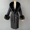 ベルトの女性の毛皮の偽の女性長冬羊ウールカシミア秋コート襟2021ファッションオーバーコートレディース