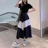 Women Midi Skirt Elastic Waist Empire Patchwork A Line Chiffon Casual Summer Navy White Side Tube S0234 210514