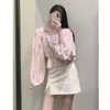 Women Blouses Pink Tie Dye Ruffle Blouse Woman Summer Long Sleeve Crop Top Female Elegant Front Button Elastic Hem Tunic 210430