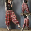 Estilo de artes de verano Mujeres Cintura elástica Tobillo Longitud Pantalones a cuadros sueltos Vintage Algodón Lino Casual Harem Plus Tamaño M200 210512