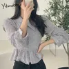 Yitimuceng Lace Chiffon Blouse Women Button Up Shirts Office Lady Long Sleeve Blue Spring Summer French Fashion Tops 210601