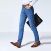 Bror wang klassisk stil män märke jeans affärer avslappnad stretch smal denim byxor ljusblå svart byxor man 211008