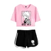 Hot Cute Print My Hero Academia Exposed Navel White T-shirt + Black Shorts Kvinnors Två-Piece Sets Casual Girl's Summer Passit Y0702