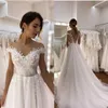 2022 Simple Tulle Beach Boho Wedding Dresses A Line Bridal Gowns Sheer Neck Cap Sleeve Appliques Pleats Long Bohemian Country Style 328 328