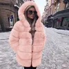 Женская меховая искусственная зимняя женщина натуральное настоящее пальто сгущать теплые плюшевые высококачественные куртки элегантная мода повседневная свободная верхняя одежда с капюшоном