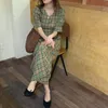 Vintage Elegance Puff Sleeves Plaid Gentle Femme Streetwear Sweet OL Chic All Match Long Dresses Vestidos 210525