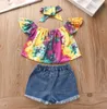 Barnflickor Kläder uppsättningar 2021 Sommar Baby Off Shoulder Short Sleeve Tie-Dye Blus Sequin Ripped Denim Shorts 3pcs Outfits