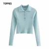 Causal Crop Tops Woman Long Sleeve Polo Shirts Female Knitted Turn Down Collar 210421