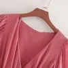 Cascading ruffle mulheres manga sólida manga mini vestido doce rosa senhoras v pescoço plissado moda bordado envoltório curto es 210515