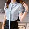 Мода точки полоса шифон женская рубашка est летние женщины с коротким рукавом рубашка вершины женские вершины кнопки женщины 210507