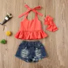 Retailwhole ragazze Halter tophole jeans corti copricapo 3 pezzi set tuta Set di abbigliamento abiti per ragazza bambini Designer Clot2304146