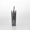 16oz Skinny Tumbler Dwuwarstwowa Plastikowa Kubek Summer Party Rainbow Gradient Glitter Prosta Butelka Dla Dziewczyn Kobiet