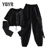 YBYR femmes Harajuku Cargo pantalon mode décontracté deux pièces costume chaîne à manches longues + ruban hommes Punk élastiques taille pantalon 220311