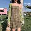 Yedinas Mini Dress Kobiety Lato Plaid Spaghetti Pasek Krótkie Casual Odzież Plus Size Vestidos Sexy ES Koreański Styl 210527