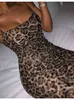 Leopard Summer Spaghetti Strap Dress Kvinnor Vintage Sexig Animal Print Party Maxi Elegant Holiday Night Club Vestidos 210517