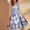 DEAT summer fashion women clothe straps slash color high waist knee length printed dress vacation vestido WR36905L 210428