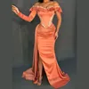 vestidos elegantes para mujer off ombro vestido de noite africano sereia cetim laranja grânulos plissados ​​vestidos de baile