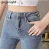 Mujeres delgadas coreanas de la cintura alta de la cintura pantalones vaqueros delgado tobillo longitud pantalones azul cremalleras bolsillos moda chicas bordadas 210601
