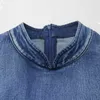 Johnature Leisure Denim Klänning Kvinnor Kläder Höst Fjäril Ärm Vintage Ruffles Stand Collar Sheath Women Dresses 210521