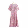 Belleza Moda Boho Pink Floral Print Midi Vestido Mujeres Playa Chic Vintage Vestidos Largos Mujer Verano Vacaciones Desgaste 210514