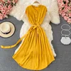 Neploe V Neck Pullover Short Sleeve Dress Women High Waist Hip Sashes A Line Vestidos Summer 2021 New Candy Color Robe Holiday Y0823