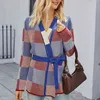 plaid knitted sweater cardigan tops women vintage autumn winter ladies lace up belt casaul 210427