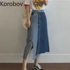 Korobov Koreanische Streetwear Hit Farbe Patchwork Denim Röcke Herbst Hohe Taille Einreiher Rock A-Linie Unregelmäßigen Rock 78824 210430
