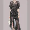 Vintage v-garganta bolinhas impresso chiffon cordão midi vestido mulheres elegante cintura alta magro plissado vestidos moda verão 210519