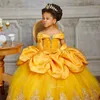 2022 Yellow Lace Crystals Flower Girl Dresses Bateau Balll Gown Little Girl Wedding Cheap Communion Pageant Gowns