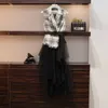 プラスサイズの秋の冬のラグジュアリーオフィスレディメッシュドレスセットエレガントなスリムな2ピース女性のためのベルト付きY1006