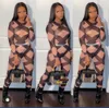 Women's Two Piece Pants Black Nude Plaid Print Sexy 2 Piece Set Women Club Outfits Mesh Sheer Bodycon Jumpsuit Matching Sets
