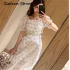 Summmer branco vestido de renda mulher manga folhada quadrado colarinho patchwork maxi festa festa rua casual vestido 210603