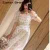 Summer Vit Lace Klänning Kvinna Puff Sleeve Square Collar Patchwork Maxi Kvinna Party Street Casual Vestido 210603